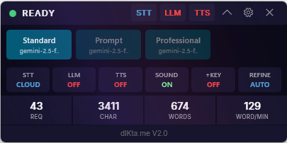 Métricas completas visibles — tiles de preset, fila de modos y estadísticas de sesión