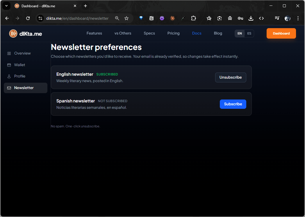 Dashboard — Newsletter preferences