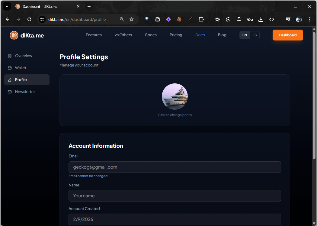 Dashboard — Profile settings