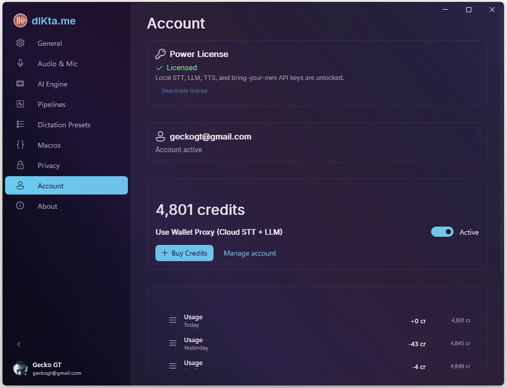 Cuenta — Power License, correo, créditos de wallet, historial de uso