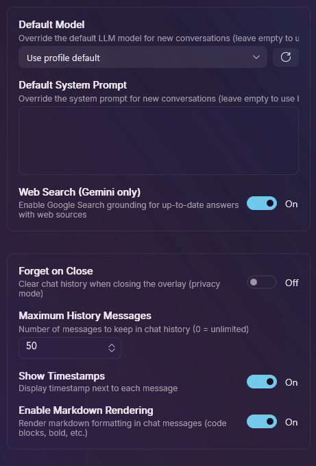 Chat — detalle de modelo y controles de historial