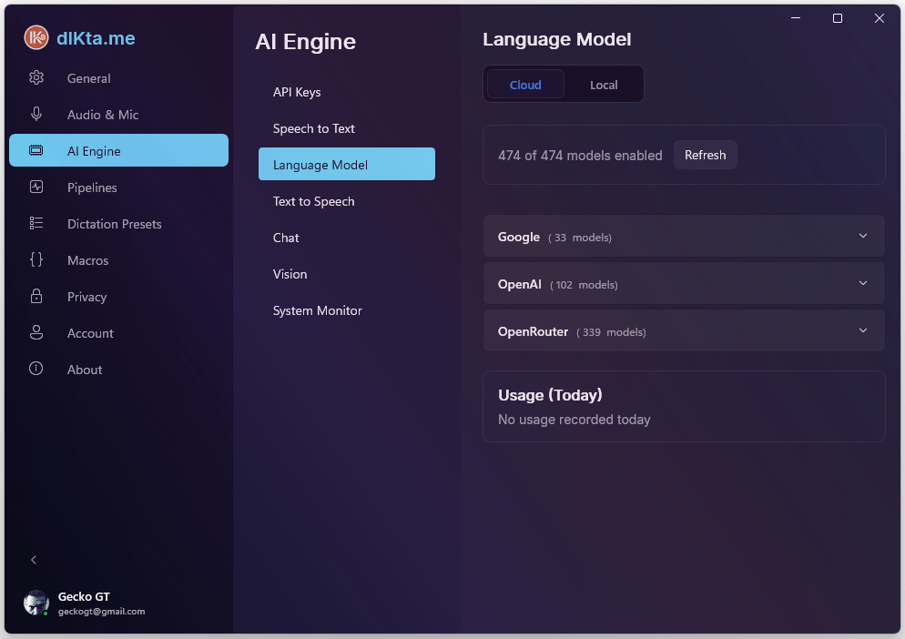 LLM — Selector de proveedor y modelo en la nube