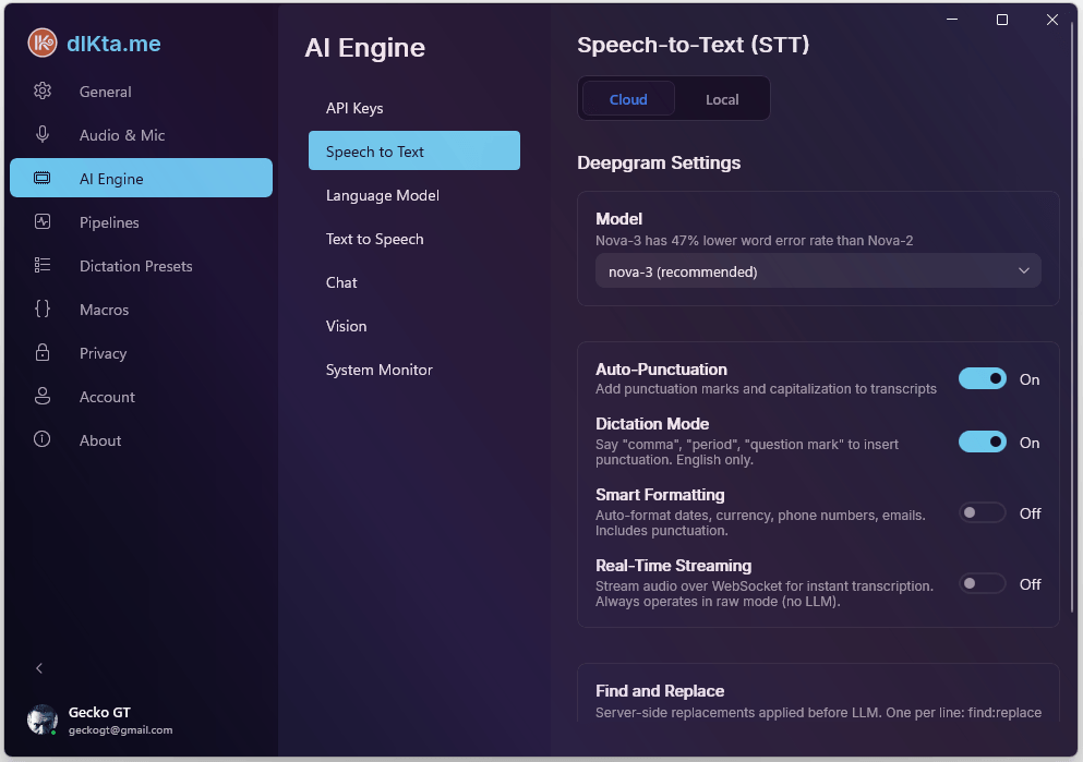 STT — Nube (selección Deepgram + verificación de API key)