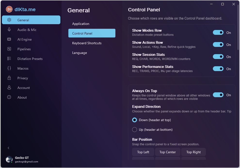 General — sub-pestaña Panel de Control