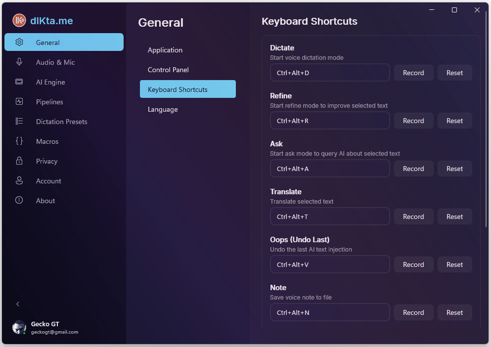 Configuración de atajos — Dictar, Refinar, Preguntar, Traducir, Oops, Nota