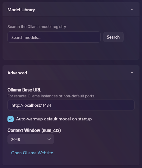 Ollama — Búsqueda en la Biblioteca de Modelos y Avanzado (ventana de contexto, URL base, auto-warmup)