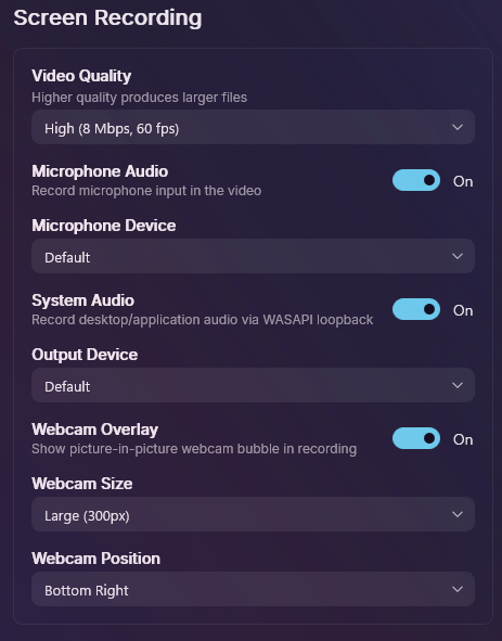 Visión — Grabación de Pantalla (calidad, micro, webcam)
