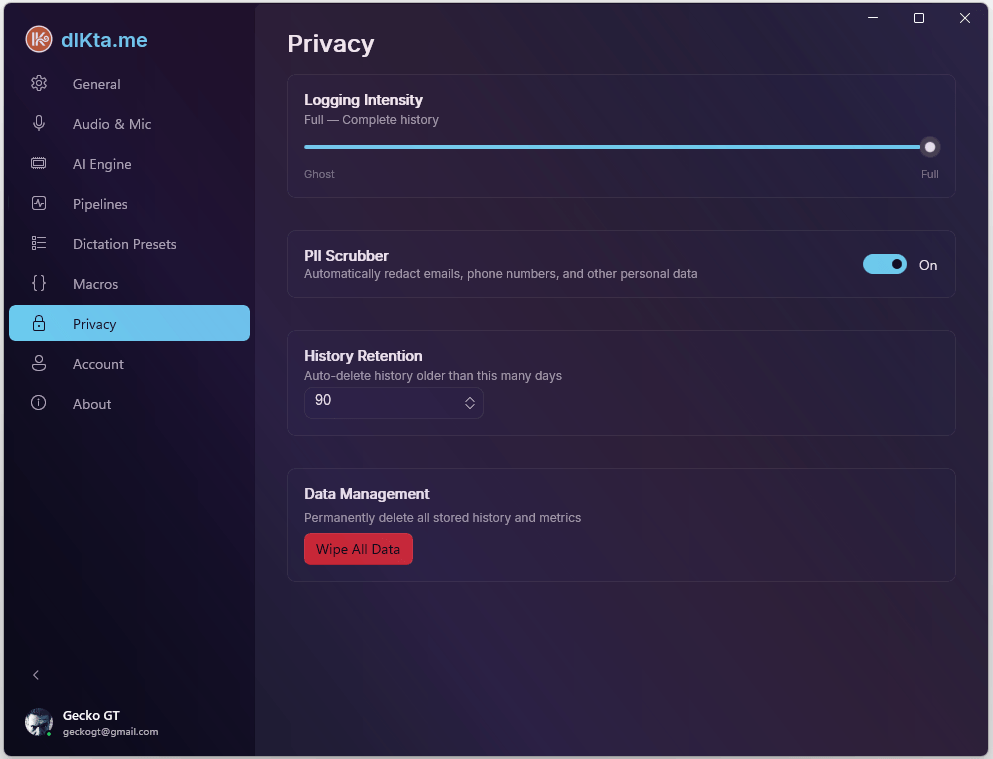 Privacidad — Intensidad de Registro, Scrubber PII, Retención, Borrar