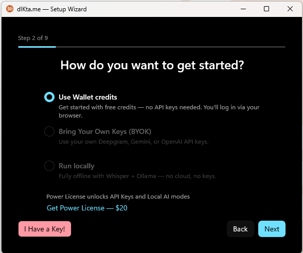Wizard — Mode selection (pre-license)