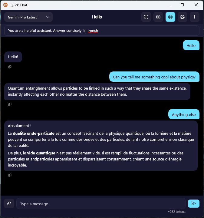 Quick Chat with system prompt edited mid-conversation
